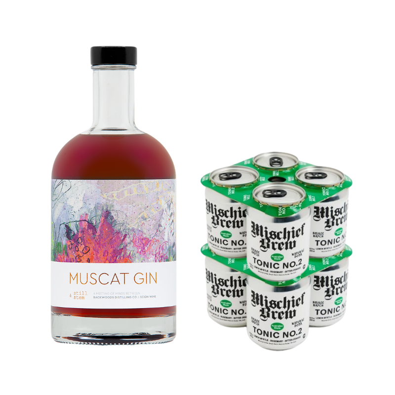 Bottle of Muscat Gin and multiple cans of Mischief Brew Tonic No. 2 on a white background