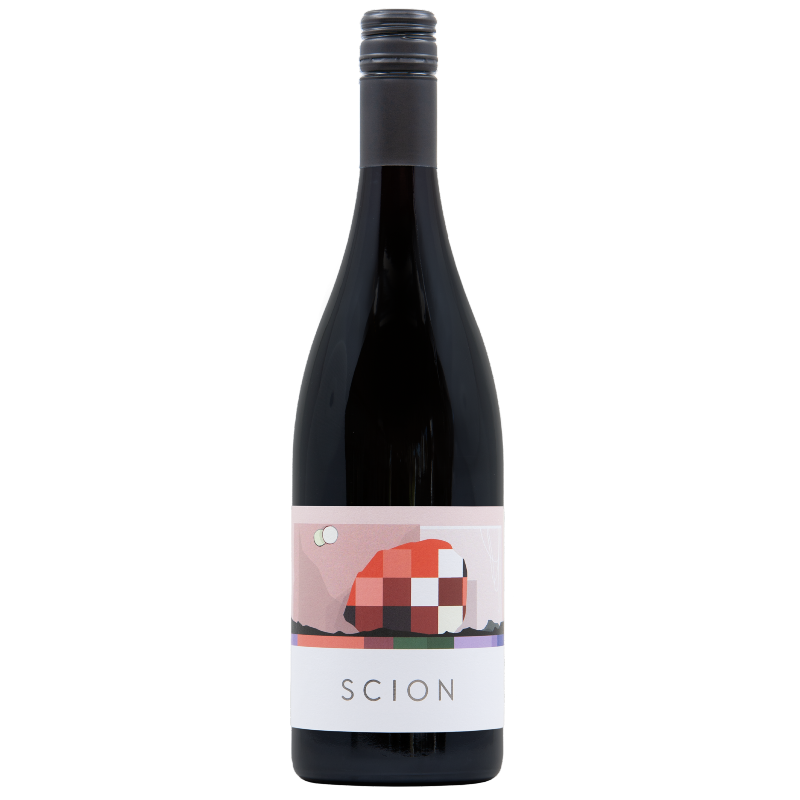 Red wine bottle with colourful Scion label