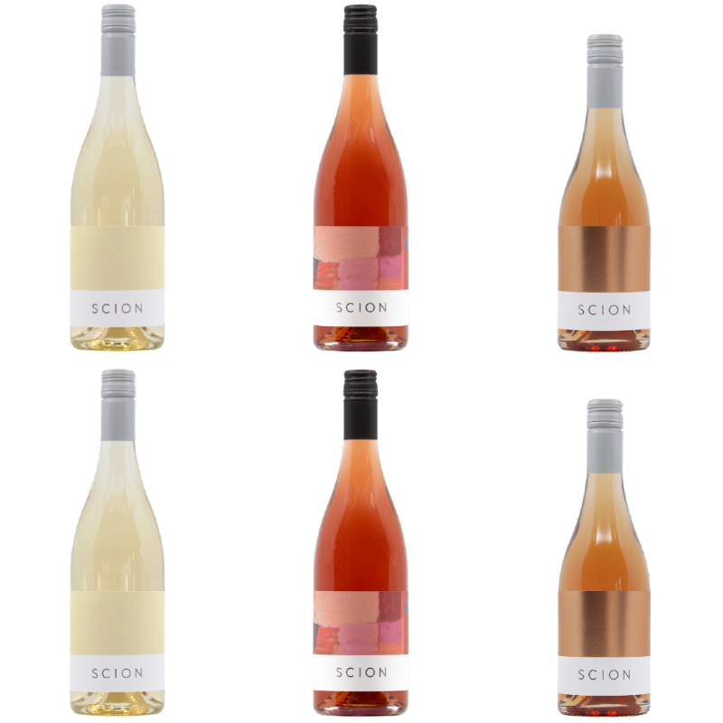 Six bottles of wine with coloured labels