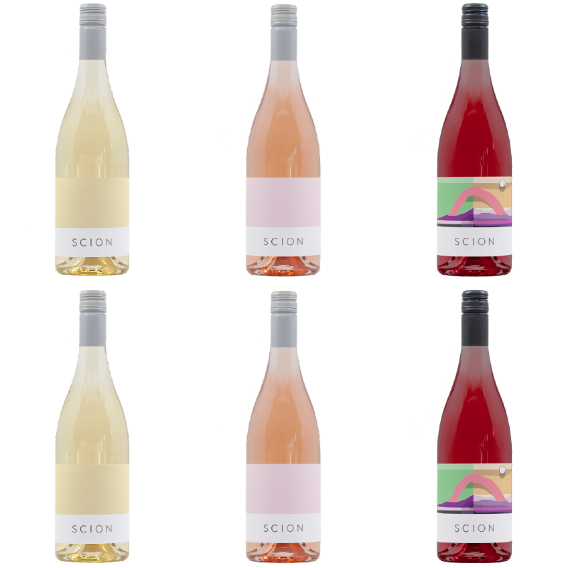 Six bottles of Scion wine, three to a row