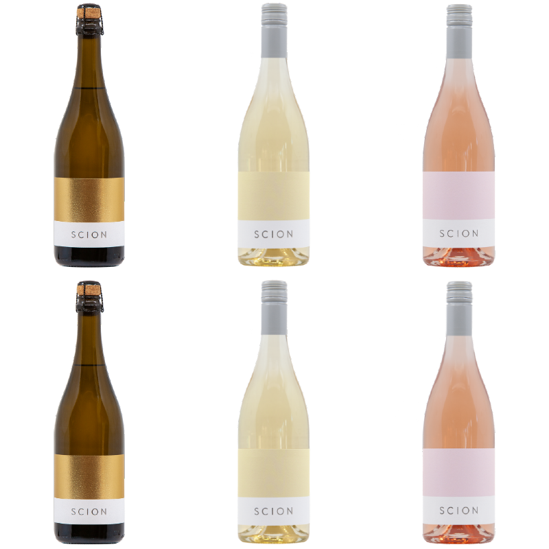 Six bottles of Scion wine arranged in a row on a white background