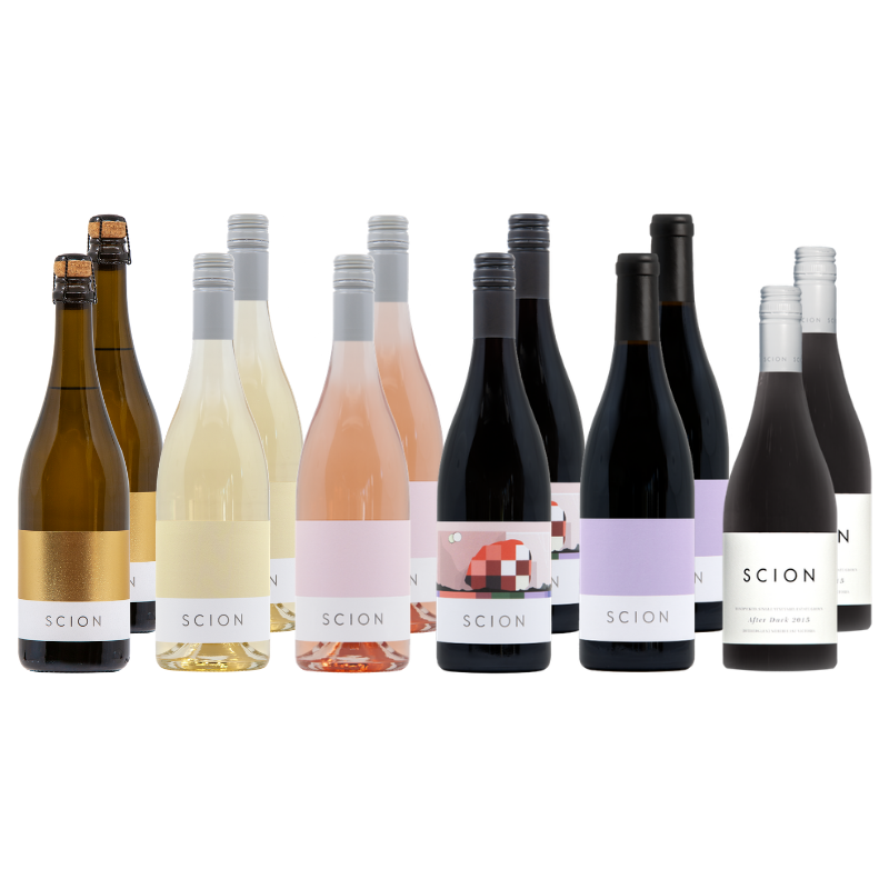 Collection of Scion wine bottles on a white background