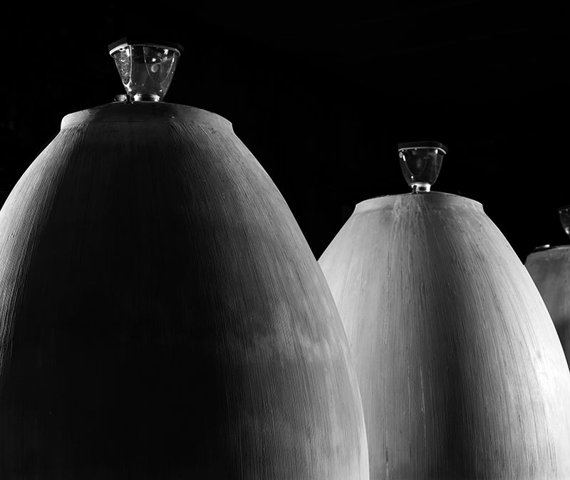 Concrete wine maturation eggs against black background