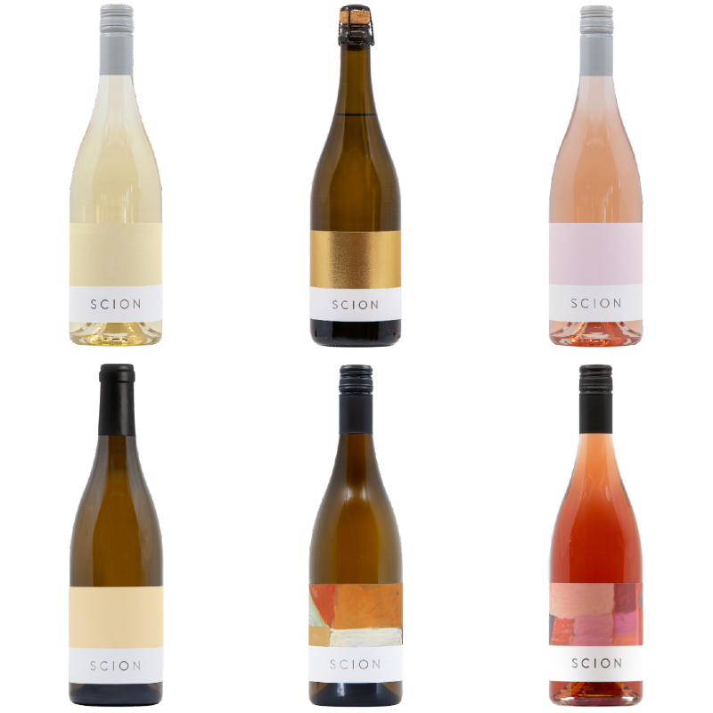 Collection of Scion wine bottles on a white background