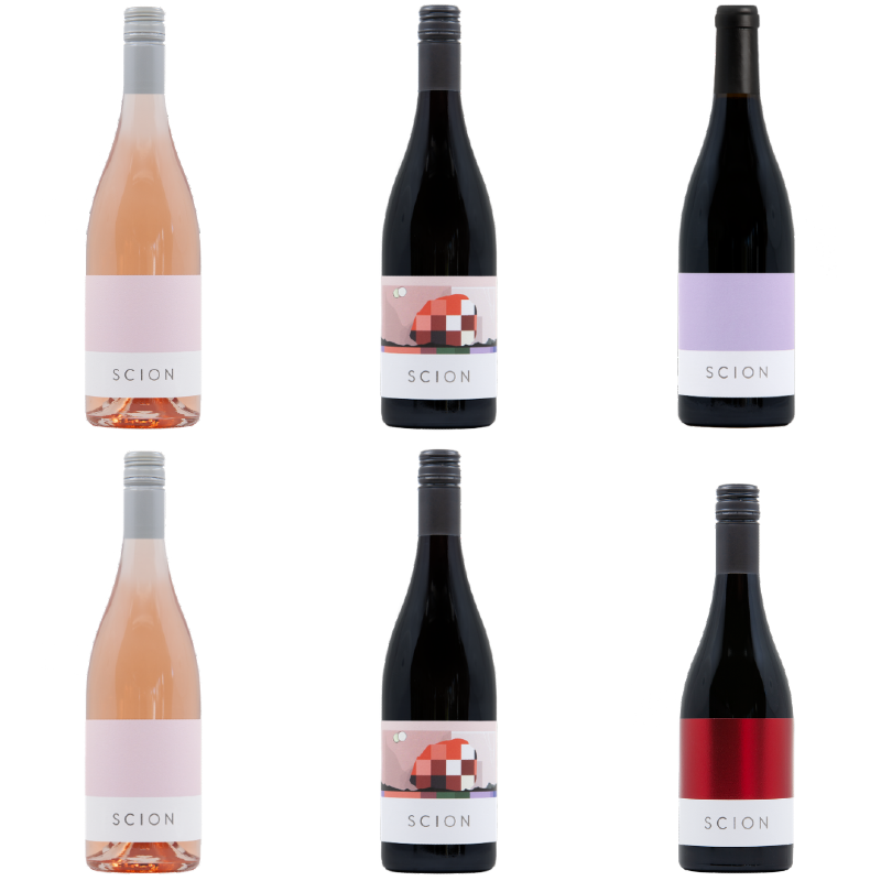 Set of six Scion wine bottles in four different styles on a white background