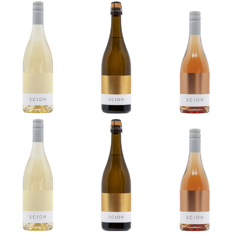 Six bottles of Scion wine arranged in a grid on a white background