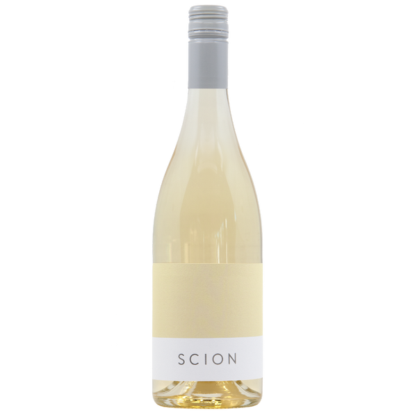 Bottle of white wine with Scion yellow label