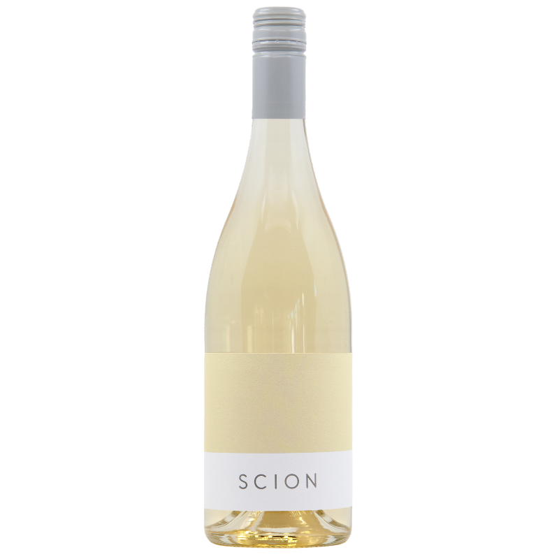 Bottle of white wine with Scion yellow label