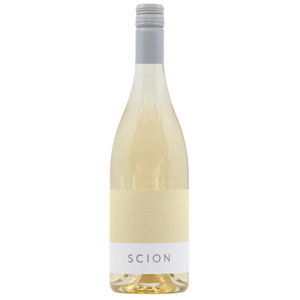 Bottle of white wine with pale yellow  label with Scion logo