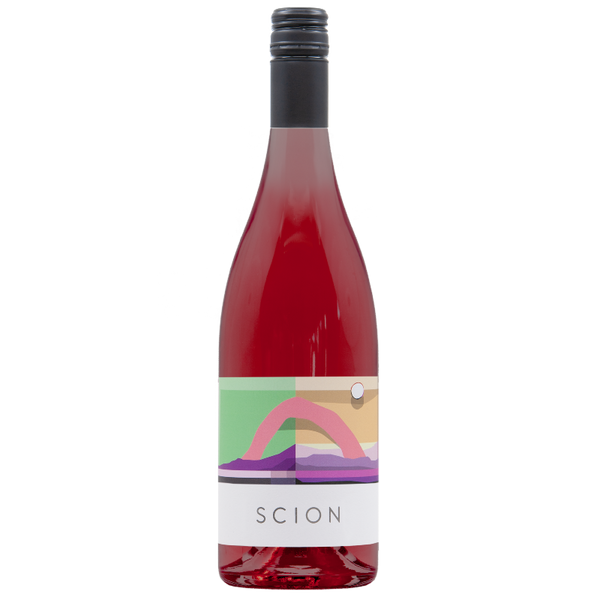 Bottle of red wine with Scion colourful label