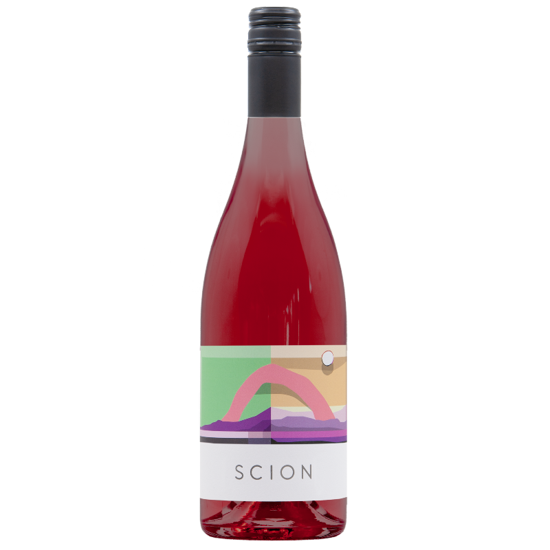 Bottle of red wine with Scion colourful label