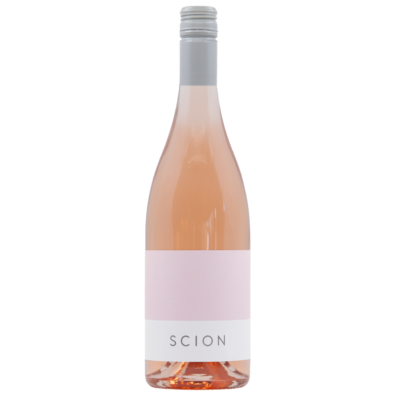 Bottle of rose wine with Scion pink label