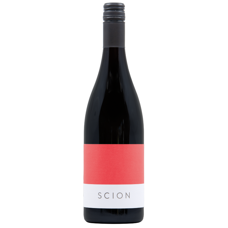 Bottle of red wine with Scion pink label