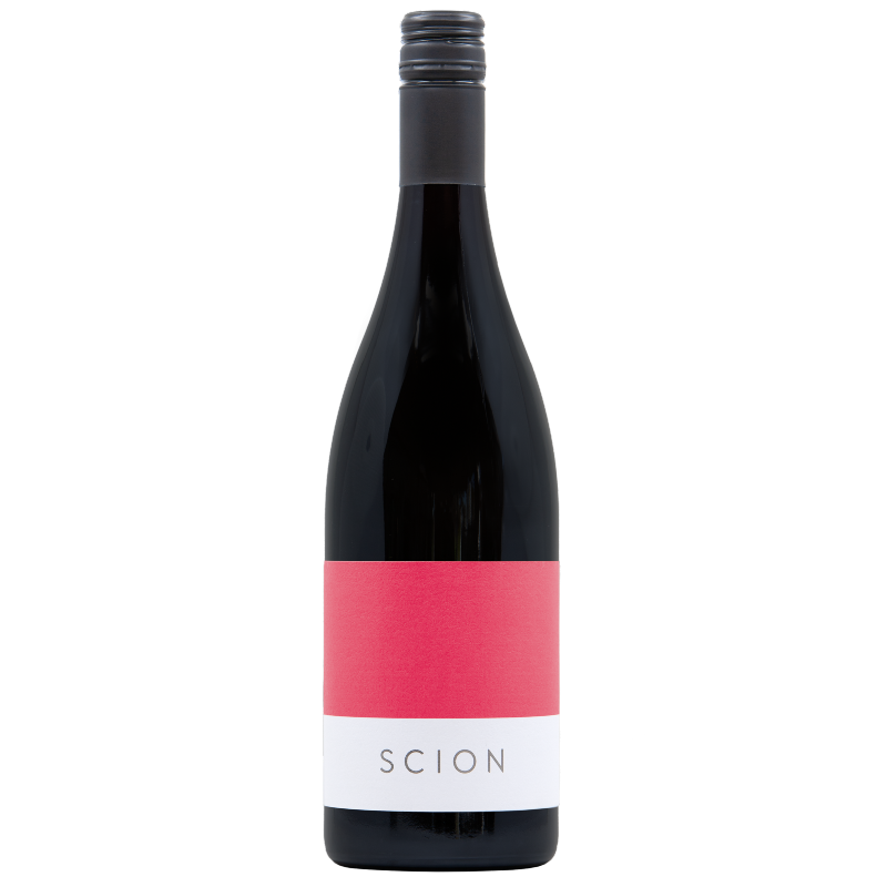 A bottle of Scion red wine with a dark glass body, a black screw cap, and a minimalist label featuring a large pink block and a white band with the brand name 'SCION' in gray.