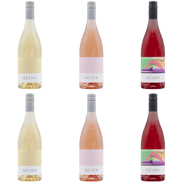 Six bottles of Scion wine, three to a row
