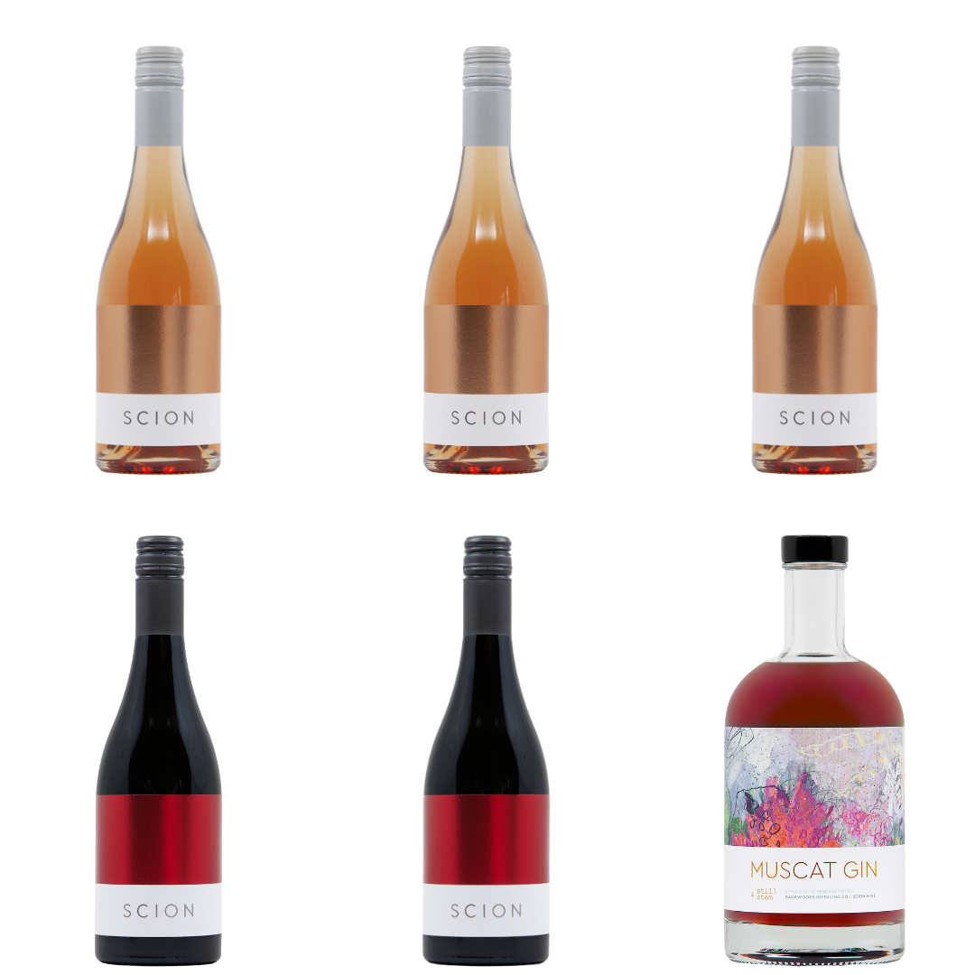 Six bottles of Scion wine and gin, three to a row