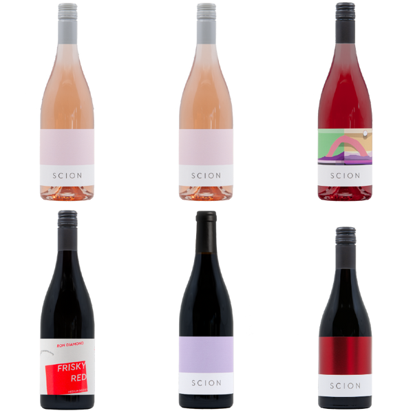 Collection of wine bottles with Scion labels on a white background
