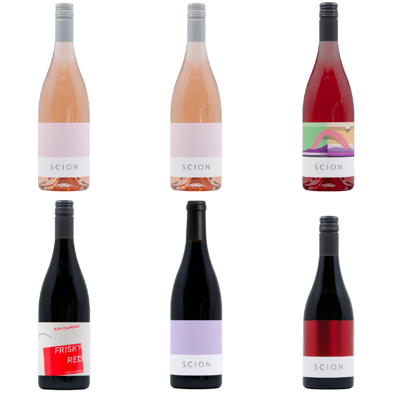 Collection of wine bottles with Scion labels on a white background