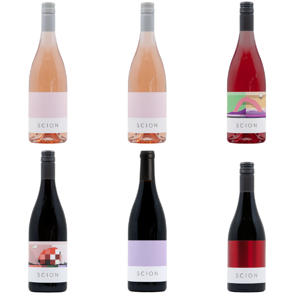 Six wine bottle shots featuring colourful labels