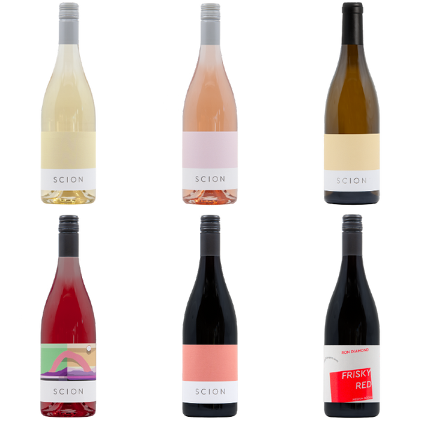 Collection of Scion wine bottles on a white background