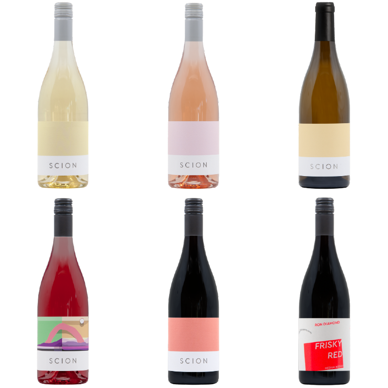 Collection of Scion wine bottles on a white background