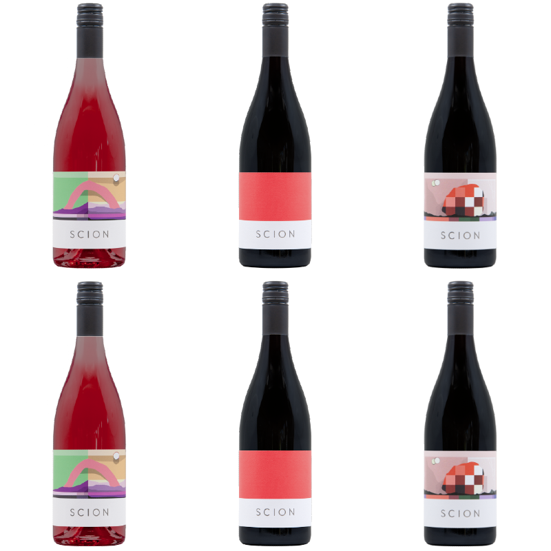 Six bottles of Scion wine, three to a row