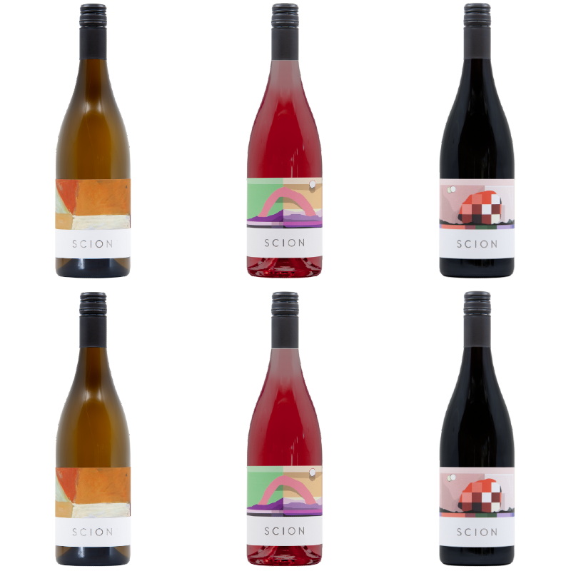 Six bottles of Scion wine, three to a row