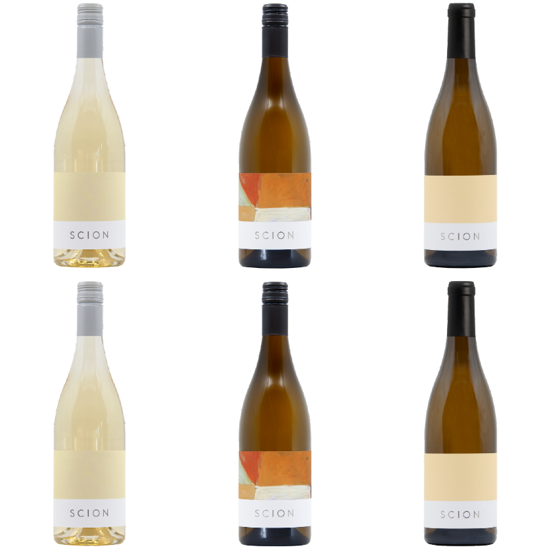 Six bottles of Scion wine, three to a row