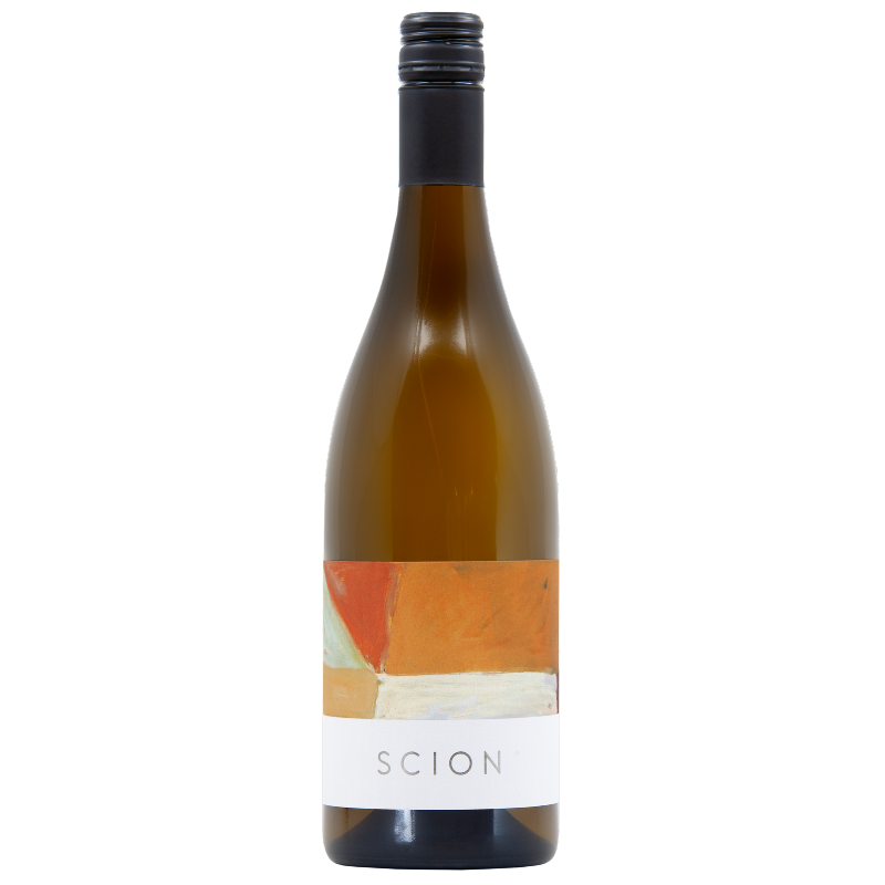 Bottle of white wine with Scion colourful label