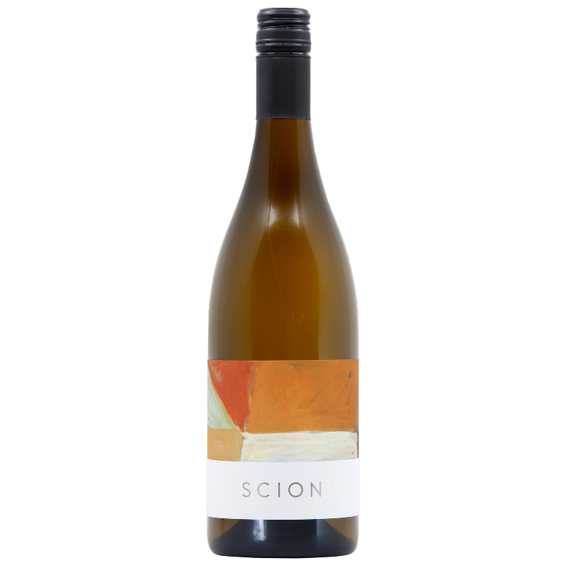 Bottle of white wine with colourful Scion label