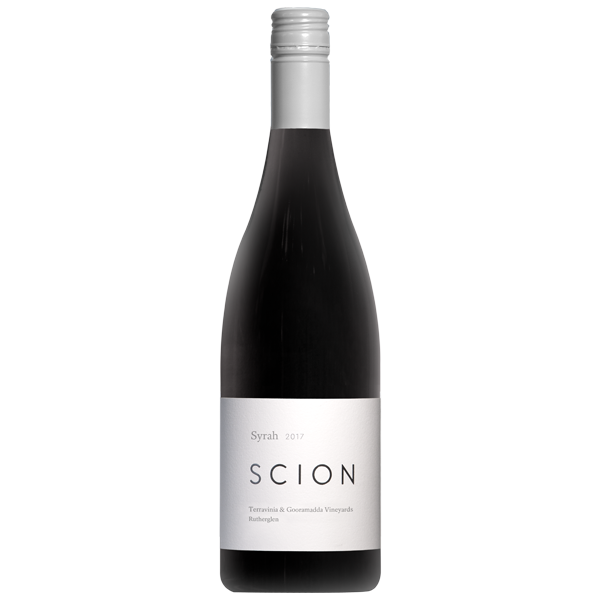 Bottle of red wine with Scion Syrah label
