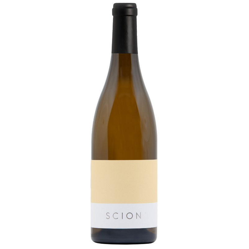 Bottle of white wine with Scion yellow label