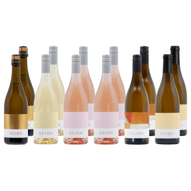 Assorted bottles of Scion wine on a white background