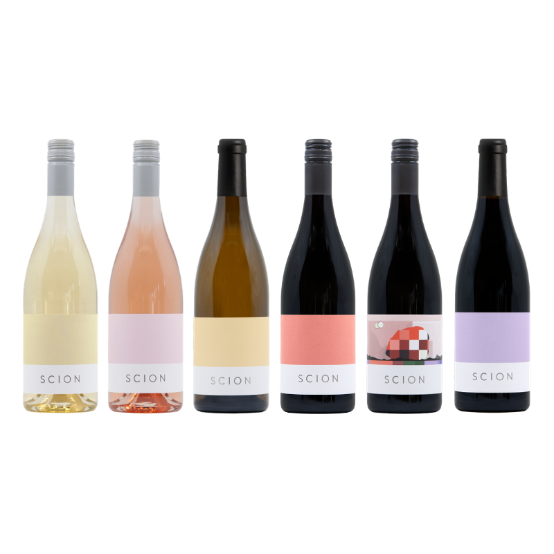 Six bottles of Scion wine with colorful labels on a white background